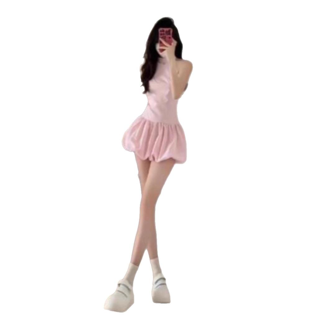 French Sweet Pink Sleeveless Neck Dress Women's Summer Design Sense Waist Skinny Fluffy Short Skirt Small Man