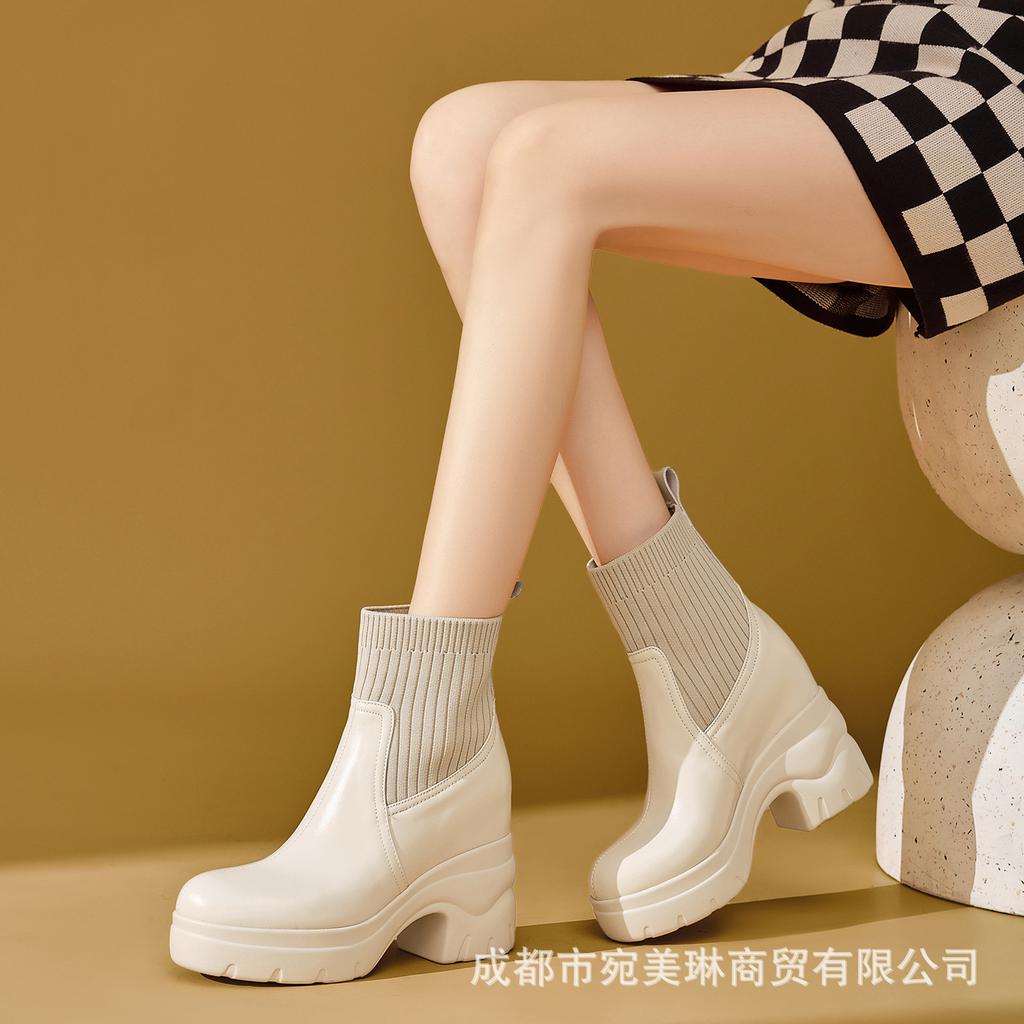 Leather Thick-soled Inner Height-increasing Short Boots Women's 2025 New Wool Tube Thick Heel Waterproof Table Muffin Bottom Elastic Martin Boots