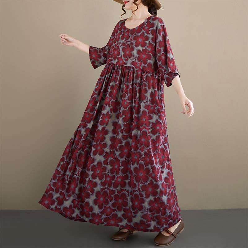 DIMANAF New 2026 Summer Beach Women Plus Size Vintage Lady Long Dress Red Loose Oversize Maxi Floral Print Cotton
