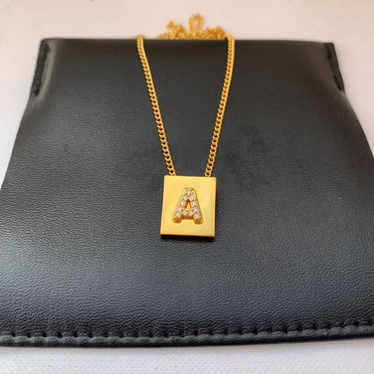 26 Letters Crystal Initial Necklace, Square Block Letter Pendant Necklace, Personalized Name Initial Pendant Necklace for Women Men