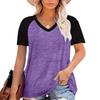 Amazon's new women's crew neck shoulder plug contrasting short-sleeved V-neck T-shirt is casual and versatile