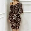 Women Plus Size Asymmetric Cold Shoulder Long Sleeve Dark Gold Leopard Print Irregular Wrap Bodycon Midi Dress