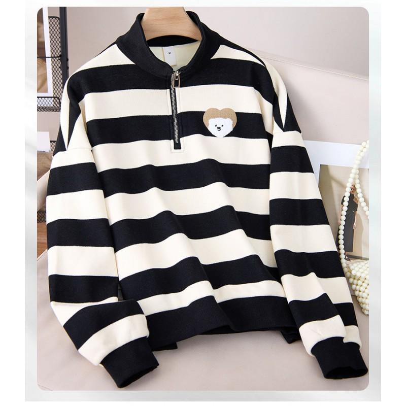 Korean Style Fleece-Lined Half-Zip Hoodie Women Winter Thick Loose Fit Stand Collar Striped Long Sleeve Top