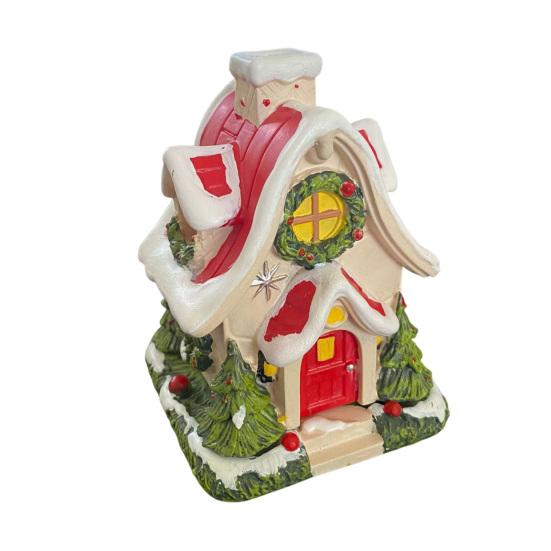 Mini Christmas House Figurine Small Resin Snowy Village House Statue with Wreath And Pine Trees for Fairy Garden Holiday Decor Micro Landscape