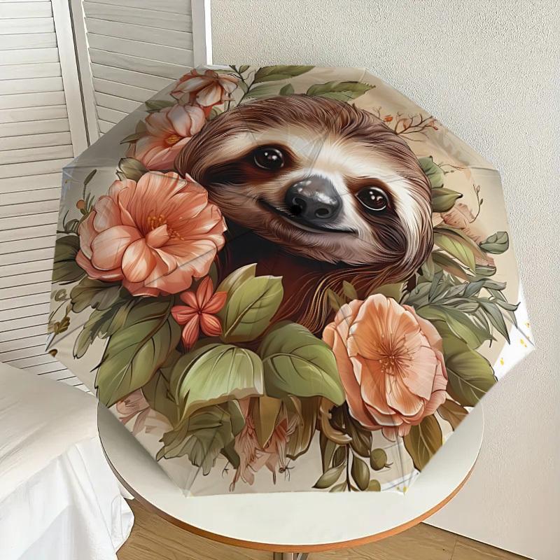

1pc Sloth Floral Print Automatic Folding Umbrella, Heavy-Duty 8-Rib Construction, Perfect for Everyday yy251114119