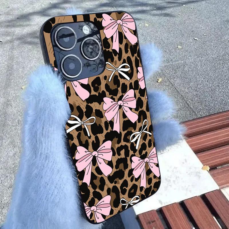 Leopard Print & Bow Pattern Soft Silicone Phone Case For iPhone 16 16e 15 14 13 12 11 Pro X XR XS Max 7 8 Plus Protective Cover