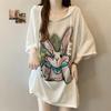 Plus Size Wrinkle-Resistant Ice Silk Rabbit Print Hooded Short-Sleeve T-Shirt, Women's Spring/Summer Loose Slimming Top.