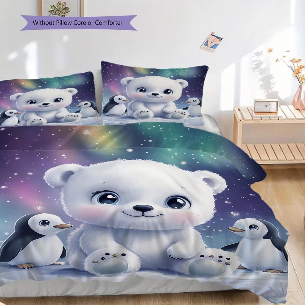 Polar Bear Pattern Bedding Quilt Set Quilt Cover Pillowcase Home Decoration Birthday Gift (1 * Duvet Cover + 2 * Pillowcase, Without Core)