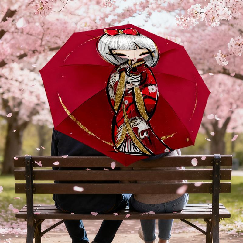 1pc Kimono Flowers Automatic Folding Umbrella, Heavy Duty 8 Rib Iron Frame,  Suitable for Travel, Daily Use, Birthday, Decor Gift m0104023