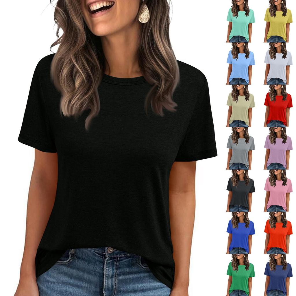 Damenmodisches und lässiges einfarbiges Basic-Oberteil mit Rundhalsausschnitt und kurzen Ärmeln