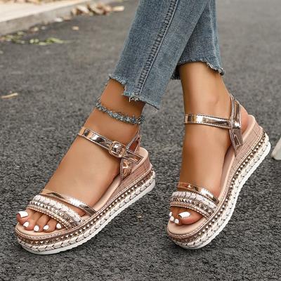 Damen Peep-Toe Riemchensandalen mit Keilabsatz, Dicke Sohle, Lässige Sommerbekleidung