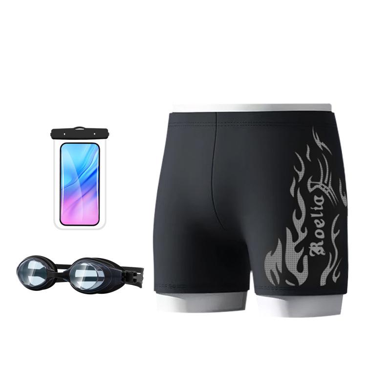 Nylon Flame Men's Swim Trunks & Goggles Set - Quick-Dry Square Leg Training Swimwear