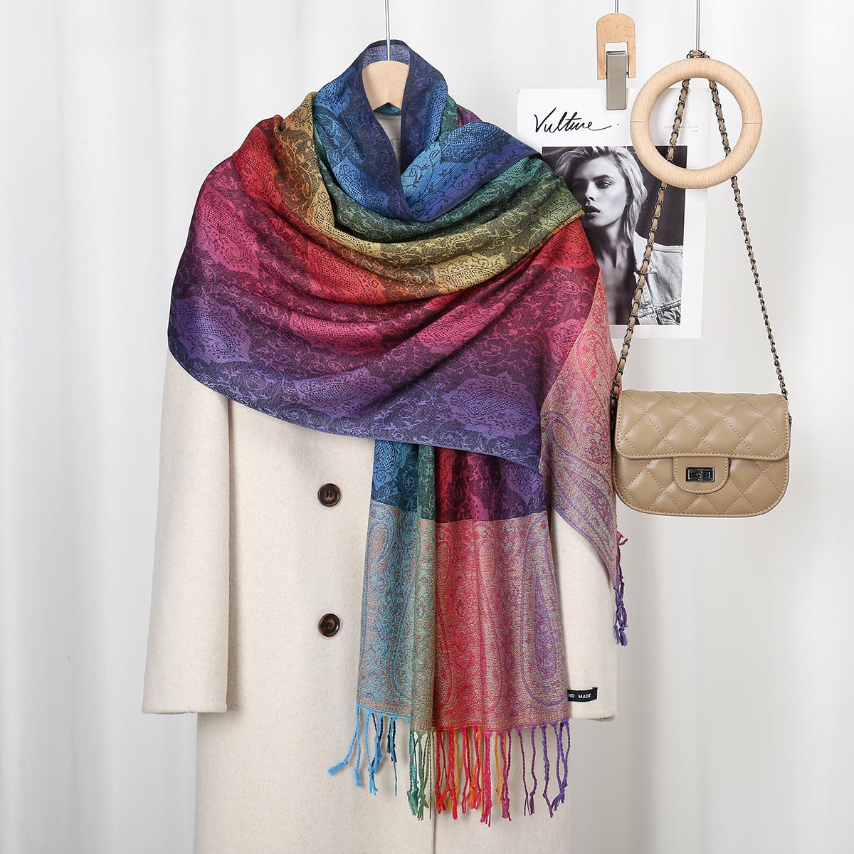 

Мусульманская мода Платок с принтом пейсли Женский Красочный с кисточками из кашемира Длинная шаль Зимний утеплитель Полиэстер Фуляр Столы Шарф