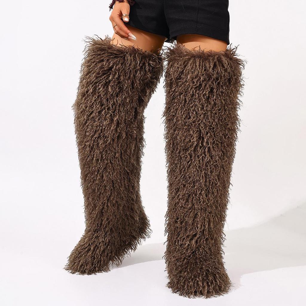 European-American 72cm Faux Tibetan Sheep Fur Thigh-High Snow Boots for Autumn & Winter