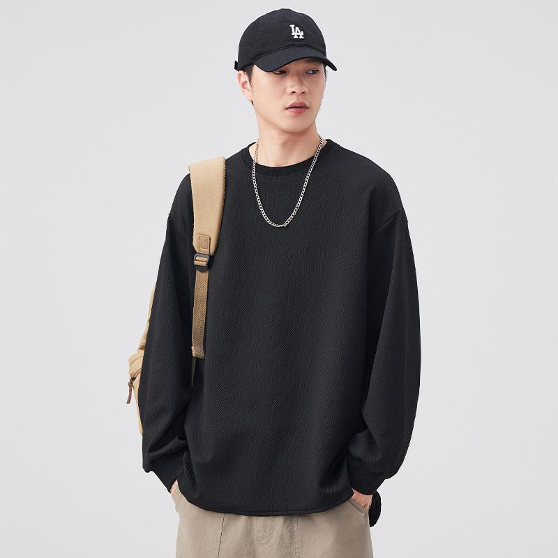 Air-layer Pearl-ground Sweatshirt Men's Round Neck Hem Slit Pullover Long-sleeved T-shirt Solid Color Base Shirt