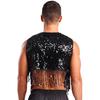 Mens Shiny Sequin Cowboy Vest Tops Open Front Sleeveless Tassels Cardigan