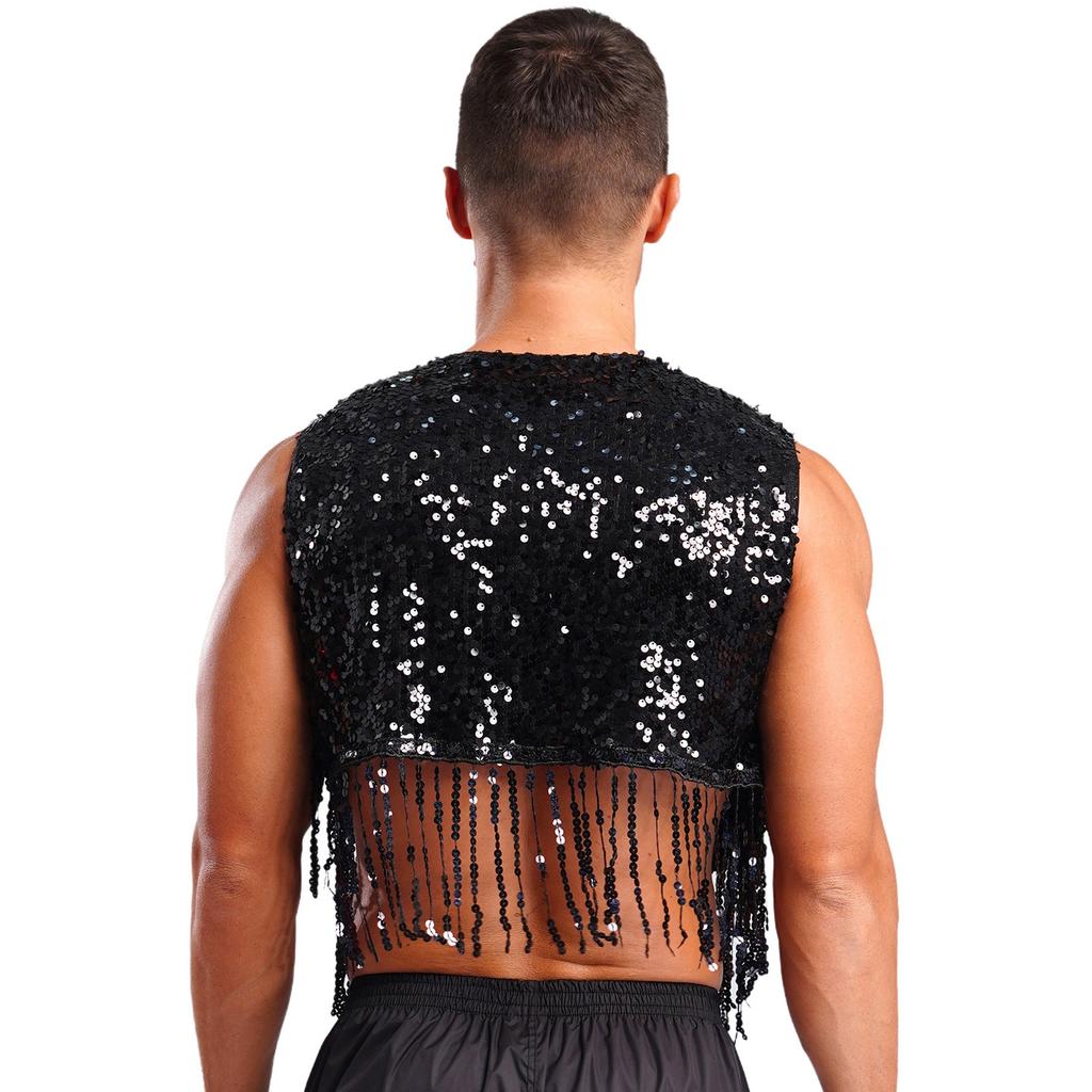 Mens Shiny Sequin Cowboy Vest Tops Open Front Sleeveless Tassels Cardigan