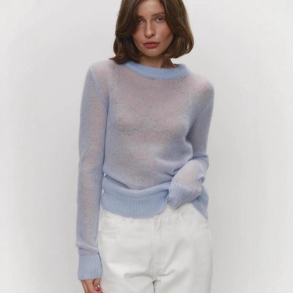 2026 Spring/Summer Women's Thin Knit Cardigan, Round Neck, European Style, See-Through, Basic Style, Candy Colors
