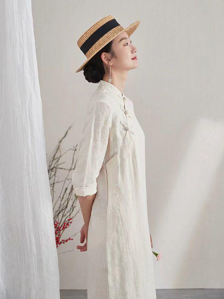 Pure Cotton & Linen-like Spring Summer Artistic Retro Solid Color Three-Quarter Sleeve Dress for Women - Modified Qipao Zen Tea Attire