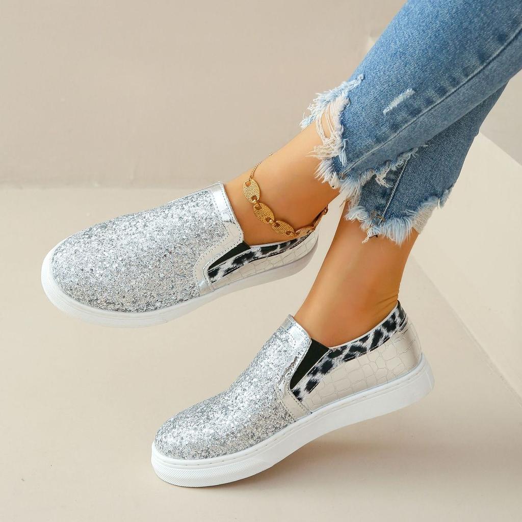 Sequin Decor Glitter Round Toe Canvas Sneakers Women Shallow Platform Casual Sparkling Casual Shoes