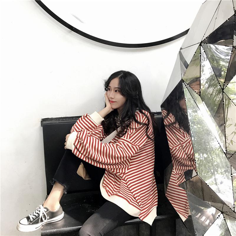 2025 Women's Korean Style Color Block Retro Stripe Hoodie - Spring/Autumn Casual Loose Fit