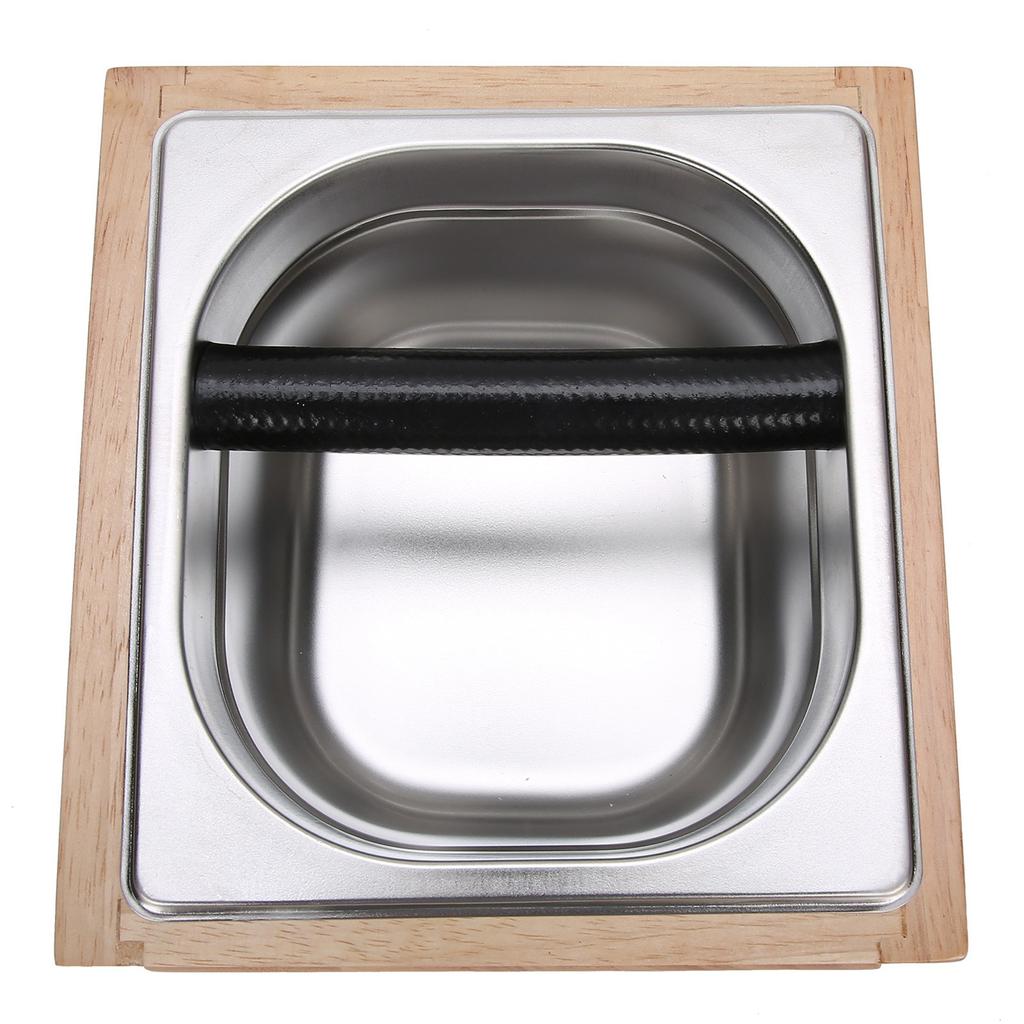 Knock Box Stainless Steel Coffee Grounds Container Waste Bin with Wood Base Coffee AccessoryL