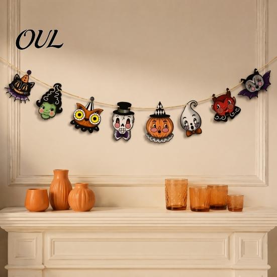 Halloween Ornament Collection 8Pcs Bunting Banner, Pumpkin Ghost Bat Witch Cartoon Hanging Garland, Decorative Props for Dessert Shops Retro
