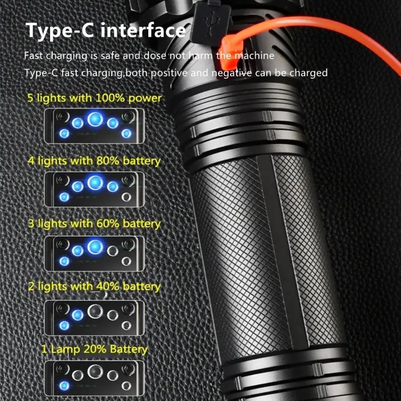 Ultra Bright Flashlight XHP360 LED Zoomable Spotlight Long Range Emergency Torch USB-C Rechargeable Detachable 18650 Battery