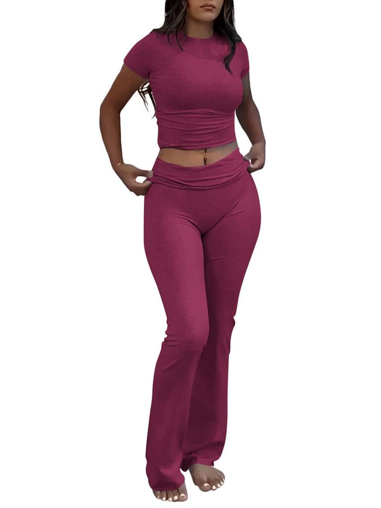 Women's Casual Workout Two-piece Set - Round Neck T-shirt & Low-waisted Flared Pants