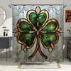 Colored Glass Four-Leaf Clover Shower Curtain - Green Clover, Golden Accents, Silvery-Grey Glass, Vintage-Inspired Decor