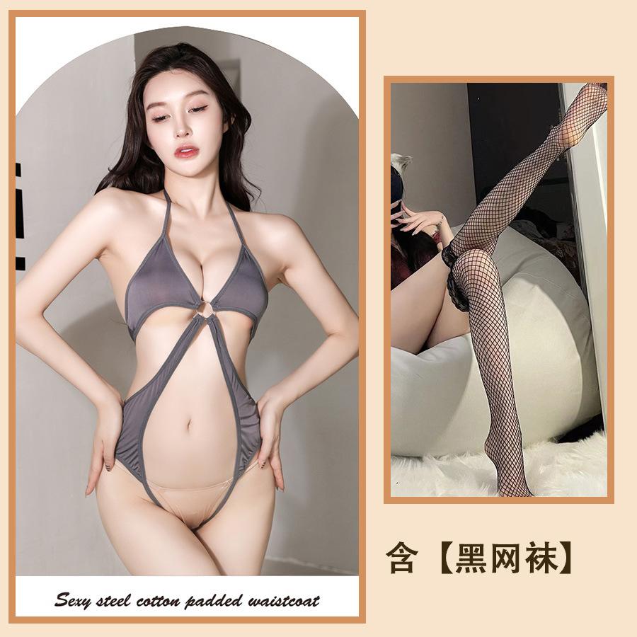 Sexy Lingerie Sexy Temptation Cross-show Chest Open Gear No-take-off Onesie Ice Silk High Elastic Pajama Suit Women