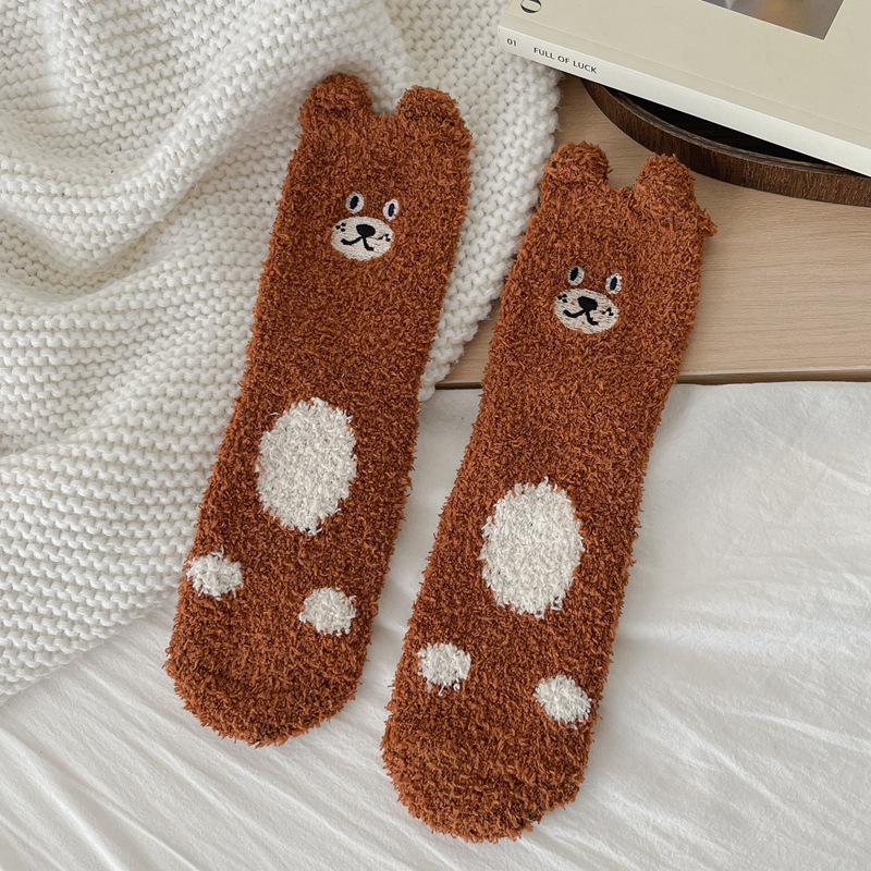 

10Pair Coral Fleece Socks Women S Fleece Without Shedding Hair Medium Tube Sleeping Socks Cute Bear Ears Floor Socks Women One size fits all