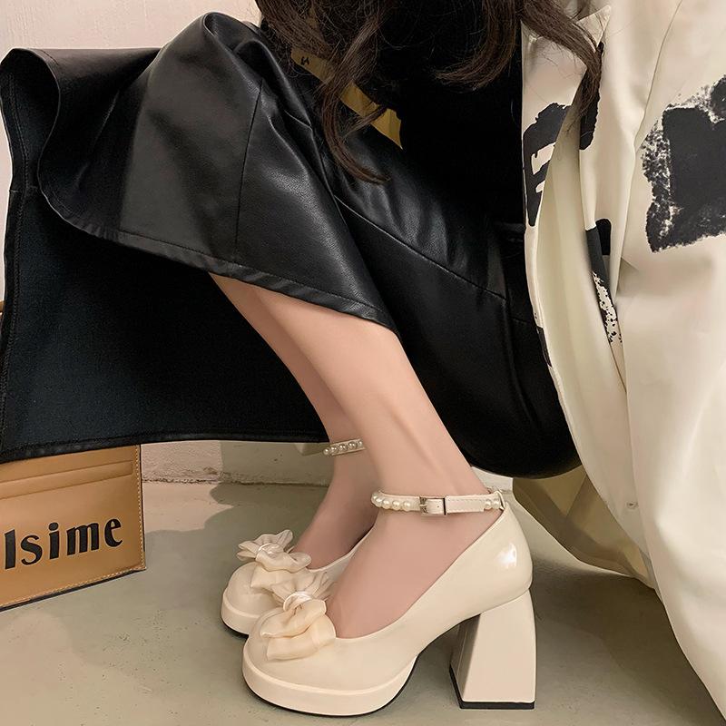 Fashion Women Fad Mary Jane Leather Shoe Thick Soles Increase Height Lolita Shoe Elegant Bowknot Pumps Women Banquet Party Shoes Tacones