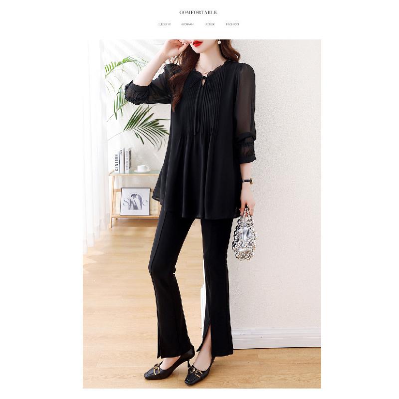 2026 Spring and Autumn New Large Size Tummy-Covering Slimming Top with Stylish Design, Chiffon Long-Sleeve Women's Top