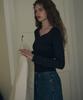 Deuloupisumeon Heart Neck Ribbed Slim Knit Top [Brown]