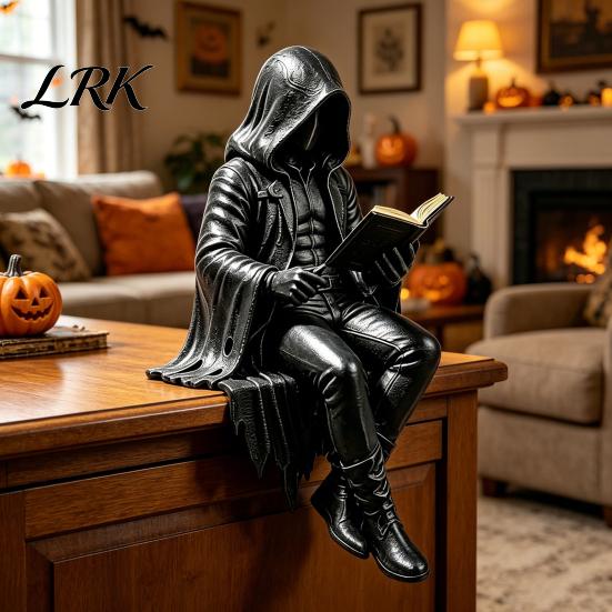 Zittend Magere Hein Model Gotische Dark Fantasy Figuur, Lezend Met Kap Standbeeld, Hars Skelet Standbeeld Halloween Figuurtje voor Boekenkast Huisdecoratie