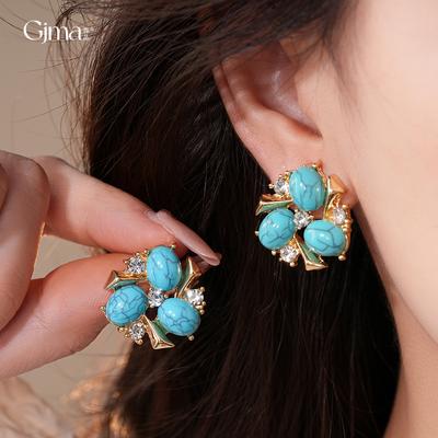 Harz Türkisblau Diamantbesetzt Zirkon Blume Ohrringe Mittleres Antikes Temperament Ohrringe Leichter Luxus Ohrringe Damen