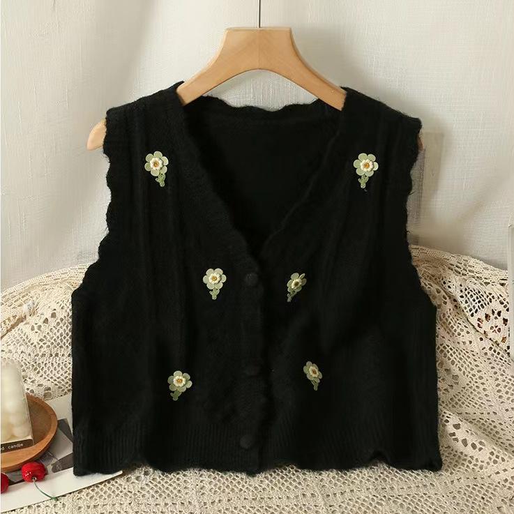 Women's Knitted Vest Spring and Autumn Sweater Tank Top Sweet Style Small Flower Stacking Wear