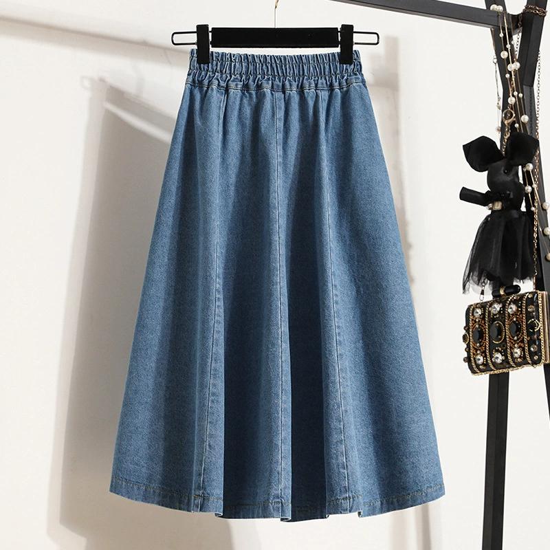 Spring Summer Mid-length Women's Elastic Waist Denim Skirt Pleated High Waist Thin Long Skirt