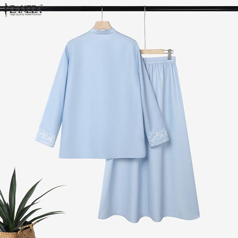 ZANZEA Women Ethnic Print Casual Long Sleeve Blouse and Long Skirts Two Piece Suit Set