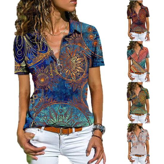 T-shirt Large Size Print Blouse Zipper Summer Ethnic All Match Slim-fitting Travel