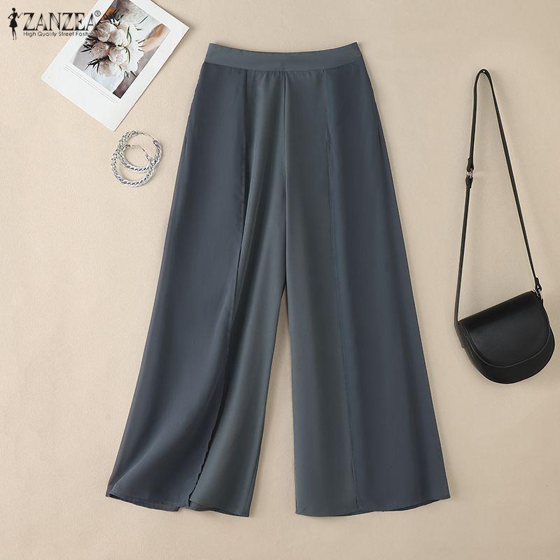 ZANZEA Womens Casual Solid Color Loose Chiffon Splice Wide Leg Pants