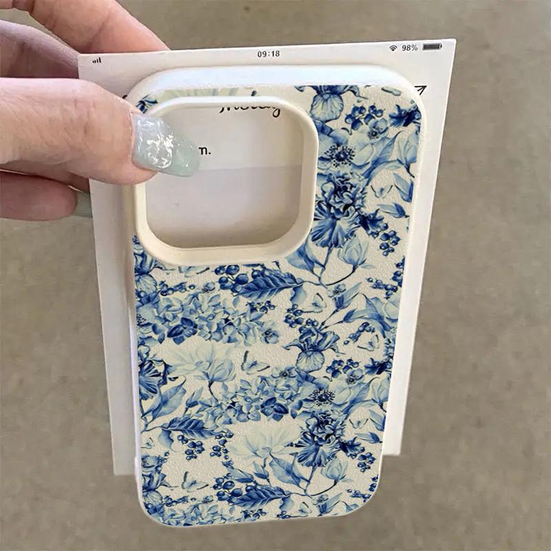 Custodia per Telefono con Design Floreale in Porcellana Bianca e Blu Per iPhone 17 Pro 16 15 14 Plus 13 12 11 Pro Max 16E 17Air X XR XS Max Cover