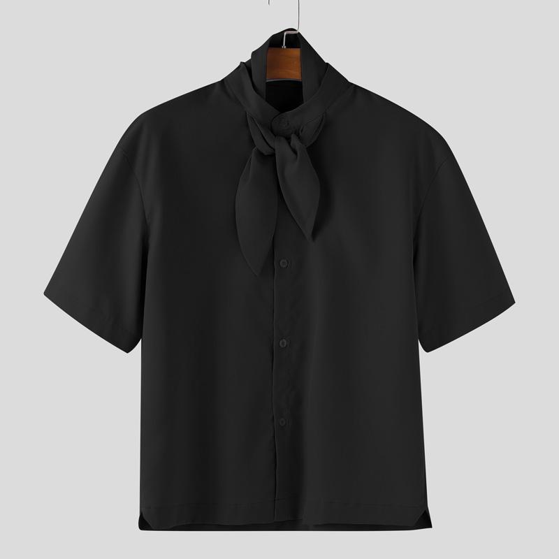 INCERUN Oversized Men Tie Neck Solid Color Buttons Casual Shirts