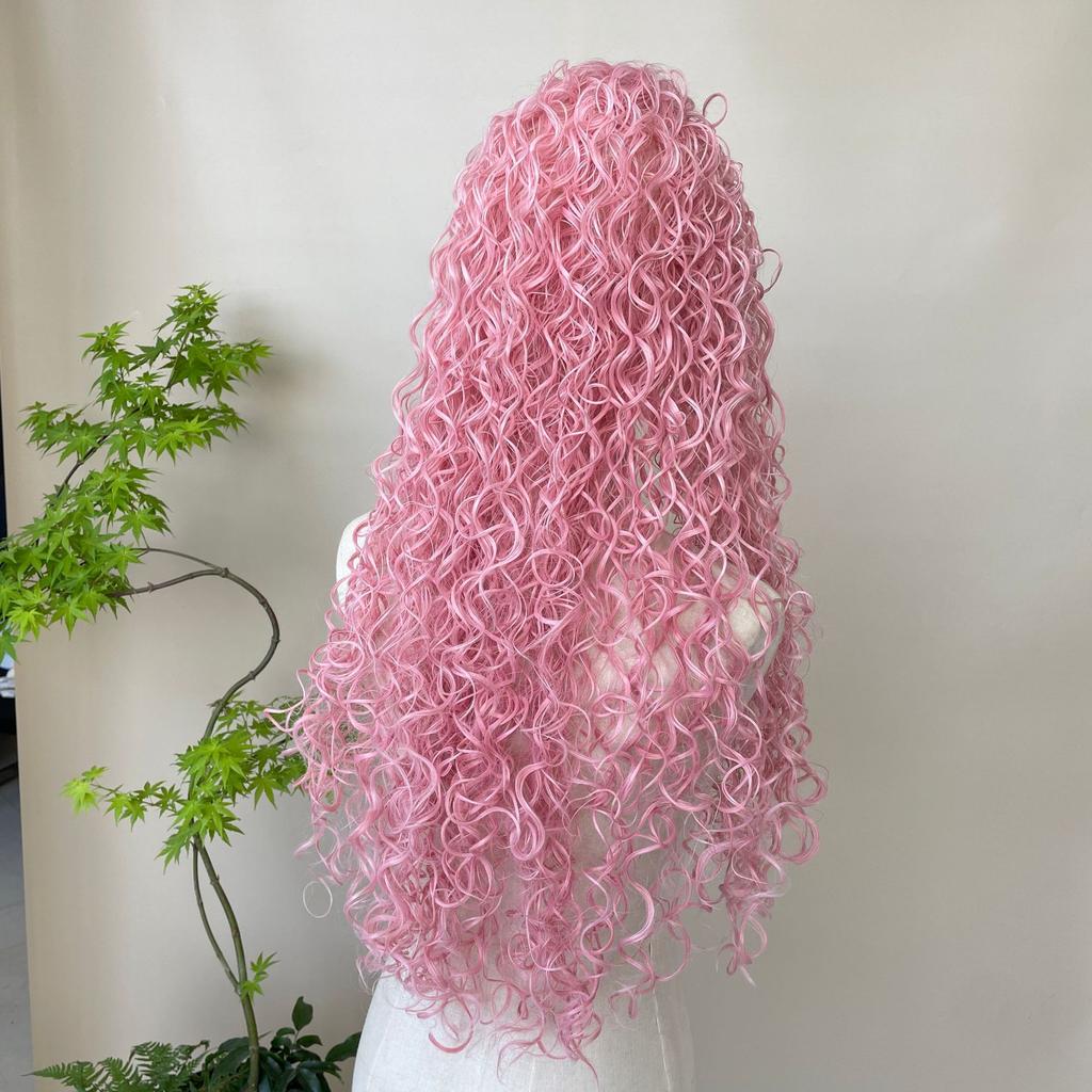 Ashely Long Curly Hair Pink Wig for Women 26inch Cute Heat Resistant Friendly Cosplay Wig Headband Synthetic Wigs for Daily Use