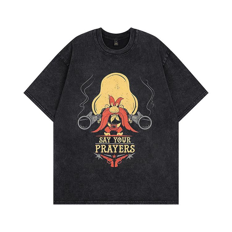 Kanye American trend retro washing water cartoon short-sleeved vintage old loose round neck men's and women's same T-shirt