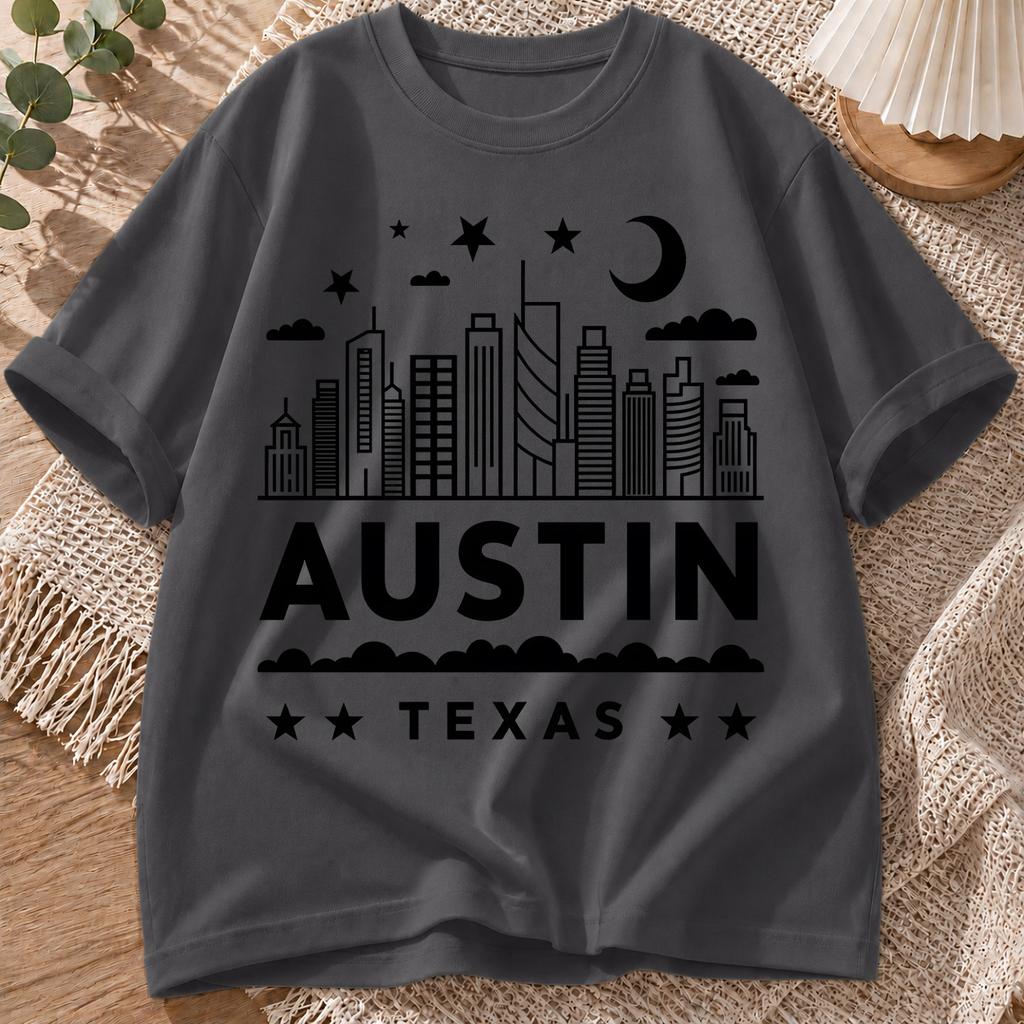 2026 New Pure Cotton Tshirt Austin City Print Casual Crew Neck Short Sleeve Minimalist Street Style Top