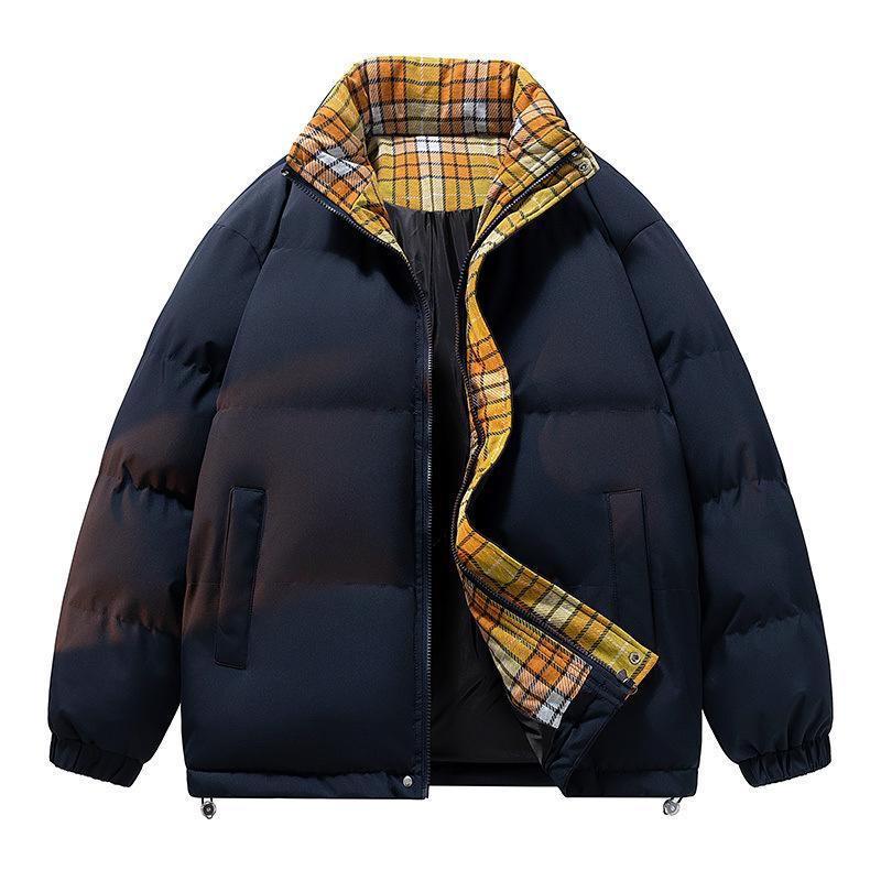 Stand-up Collar Plaid Placket Cotton-padded Clothes for Men and Women, The Same Style for Winter Couples, Bread Clothes, Cotton-padded Jackets