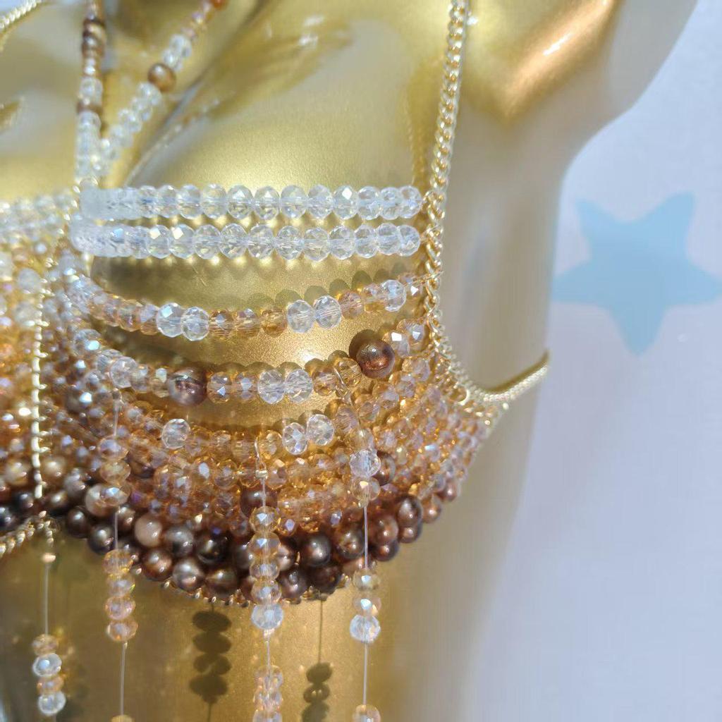 European Handmade Beaded Tassel Chest Chain - Strappy Back Beach Party Accessory