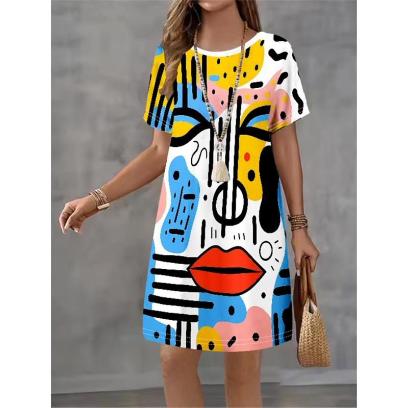 Vintage Flower Print Pattern Design Sense Pattern Women Dress Summer Elegant Women A-Line Dress Casual Short Sleeve Mini Dress